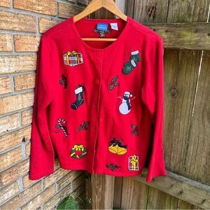 Natural Reflections Red Cardigan with Holly Embroidery